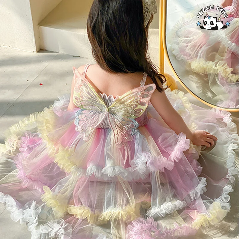 LEZONKIDS - Summer New Fashion Neon Slip Dress Baby Girls Layered Princess Short Sleeves Western Style Ball Gowns Design Mesh Dress